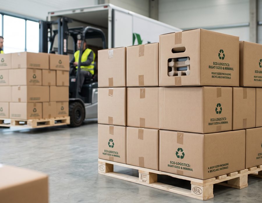 Imballaggi eco-sostenibili impilati su pallet in magazzino