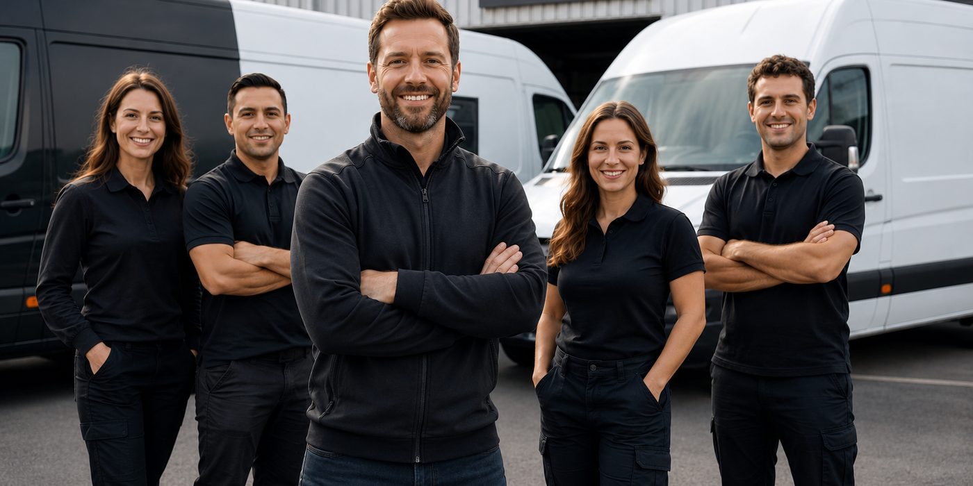 Il team Amaranto davanti ai van aziendali