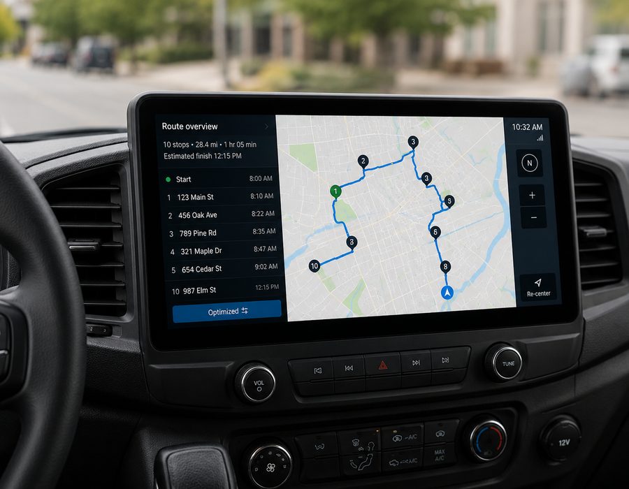 Schermo di navigazione GPS a bordo di un van Amaranto per la pianificazione delle rotte